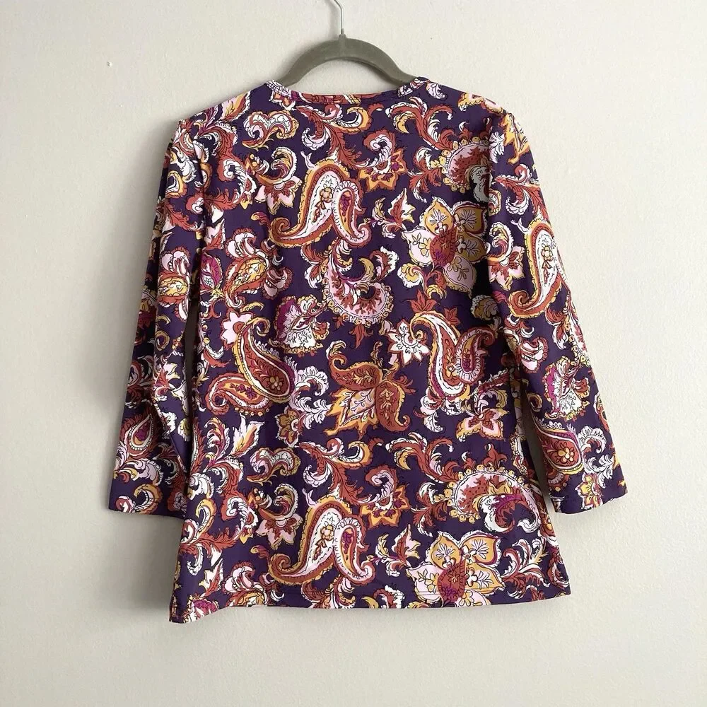 J. McLaughlin Catalina Cloth Purple Paisley Print Top Size Small Stretch Comfort